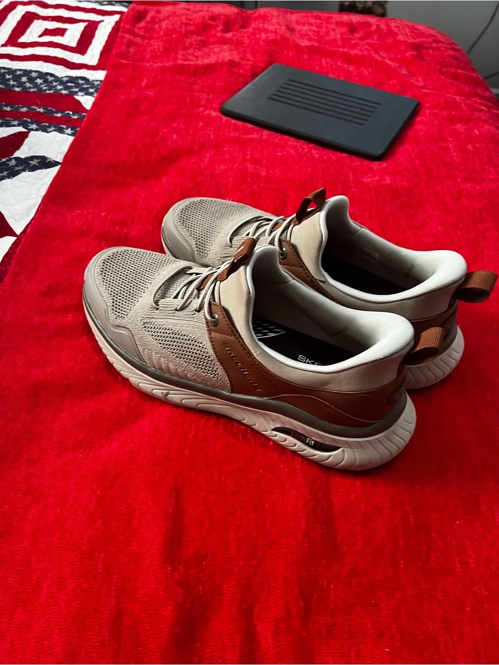 Skechers Men’s Beige Knit Slip-On Sneakers with Brown Accents